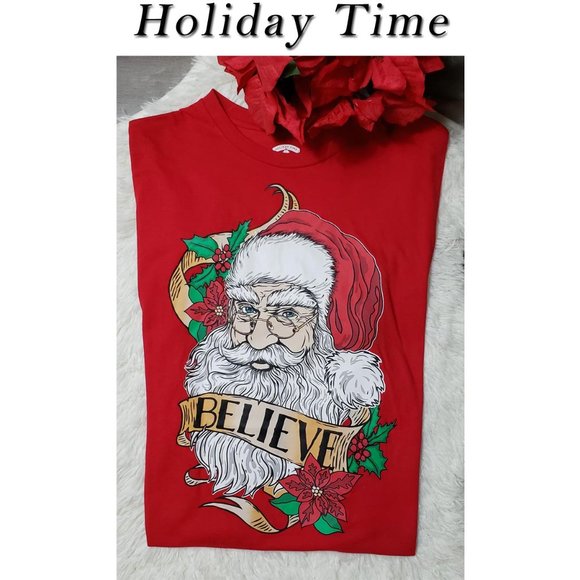 Holiday Time Santa Claus Believe Red Christmas TShirt Size XL NWT - Picture 3 of 9